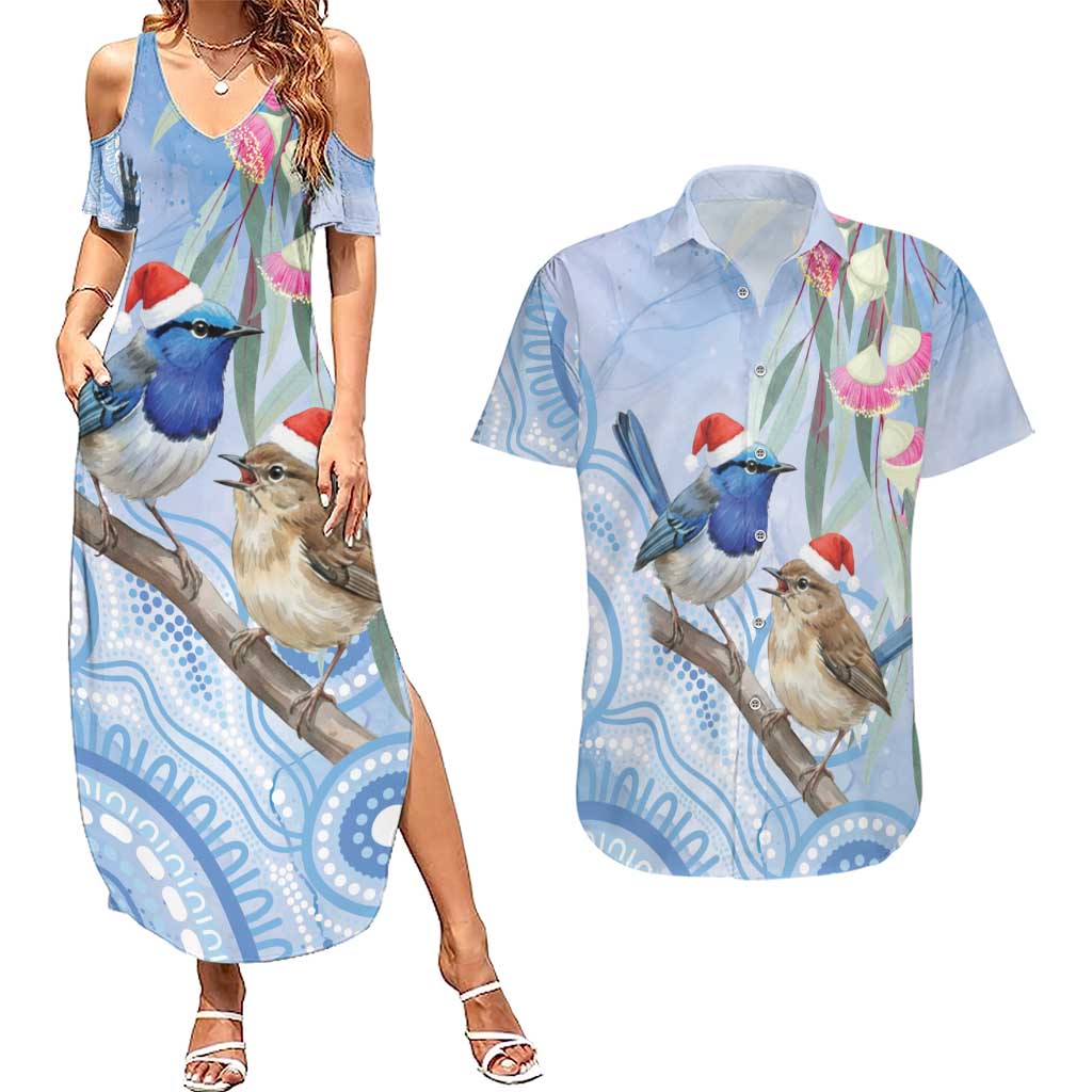 Australia Superb Fairywren Christmas Couples Matching Summer Maxi Dress and Hawaiian Shirt Aboriginal Eucalyptus Blossoms Watercolor - Aussie Hoodie