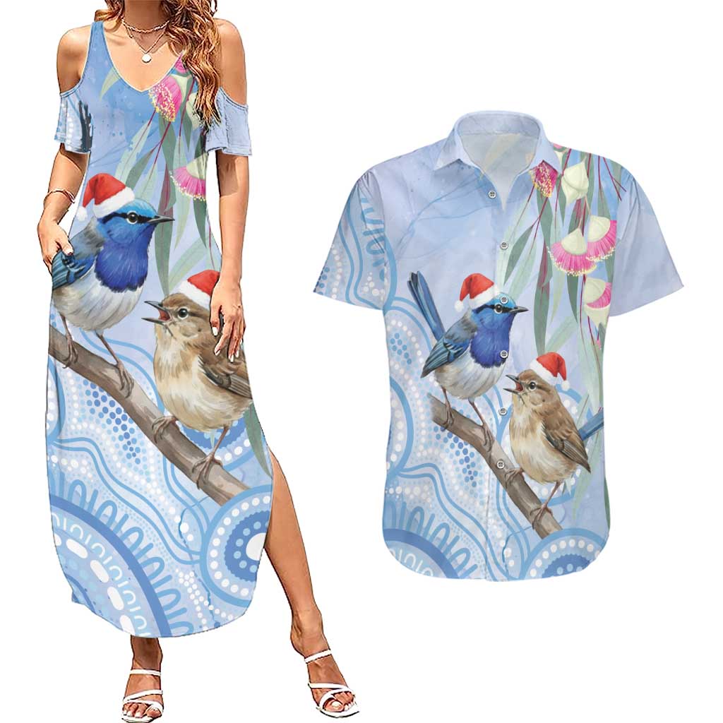 Australia Superb Fairywren Christmas Couples Matching Summer Maxi Dress and Hawaiian Shirt Aboriginal Eucalyptus Blossoms Watercolor - Aussie Hoodie