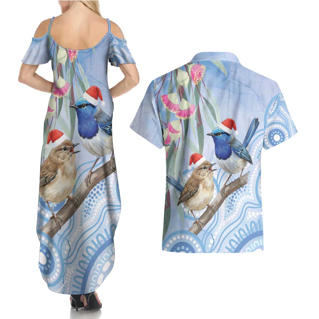 Australia Superb Fairywren Christmas Couples Matching Summer Maxi Dress and Hawaiian Shirt Aboriginal Eucalyptus Blossoms Watercolor - Aussie Hoodie