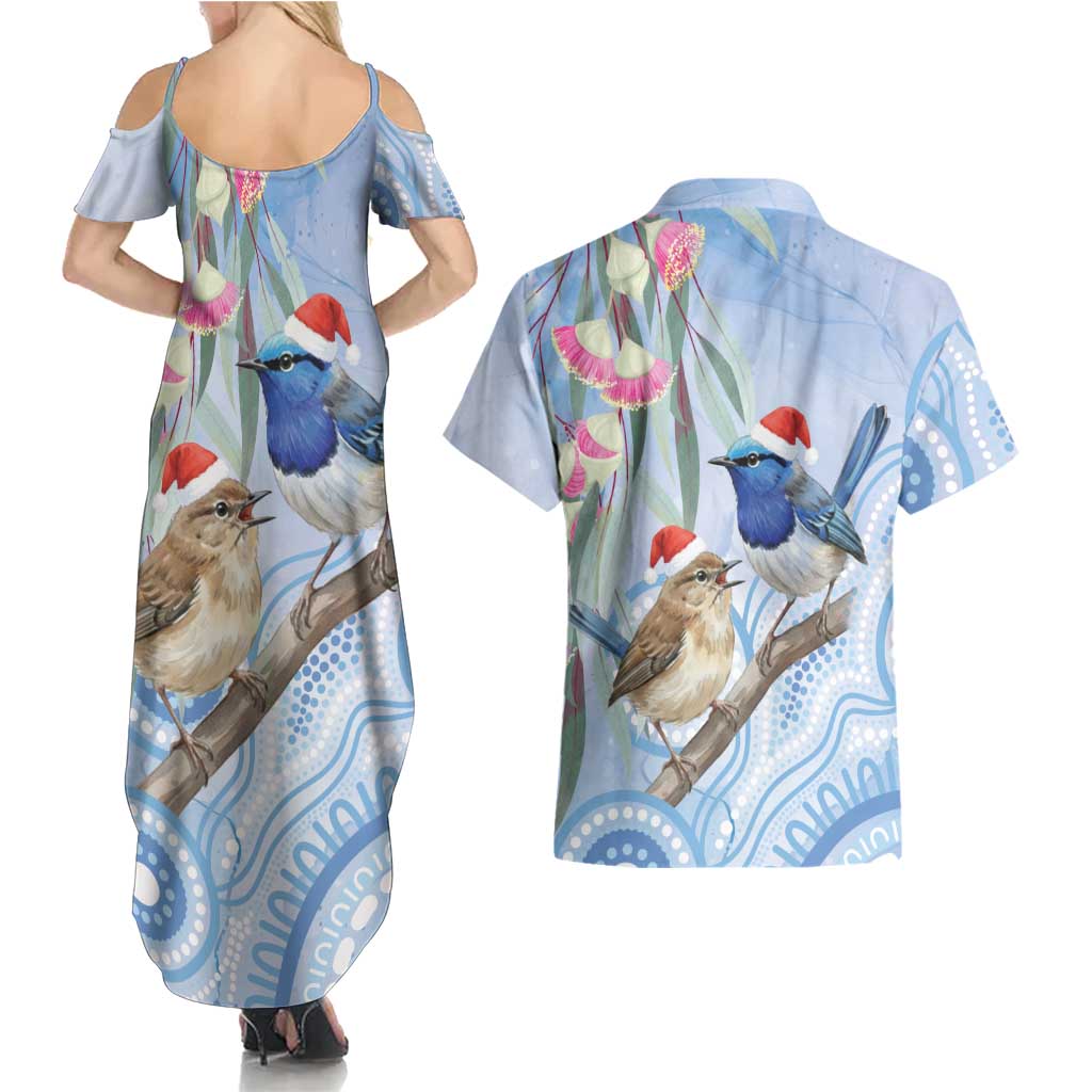 Australia Superb Fairywren Christmas Couples Matching Summer Maxi Dress and Hawaiian Shirt Aboriginal Eucalyptus Blossoms Watercolor - Aussie Hoodie