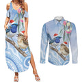 Australia Superb Fairywren Christmas Couples Matching Summer Maxi Dress and Long Sleeve Button Shirt Aboriginal Eucalyptus Blossoms Watercolor - Aussie Hoodie