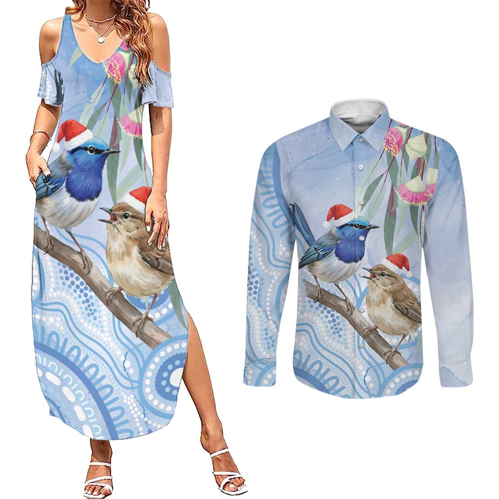 Australia Superb Fairywren Christmas Couples Matching Summer Maxi Dress and Long Sleeve Button Shirt Aboriginal Eucalyptus Blossoms Watercolor - Aussie Hoodie