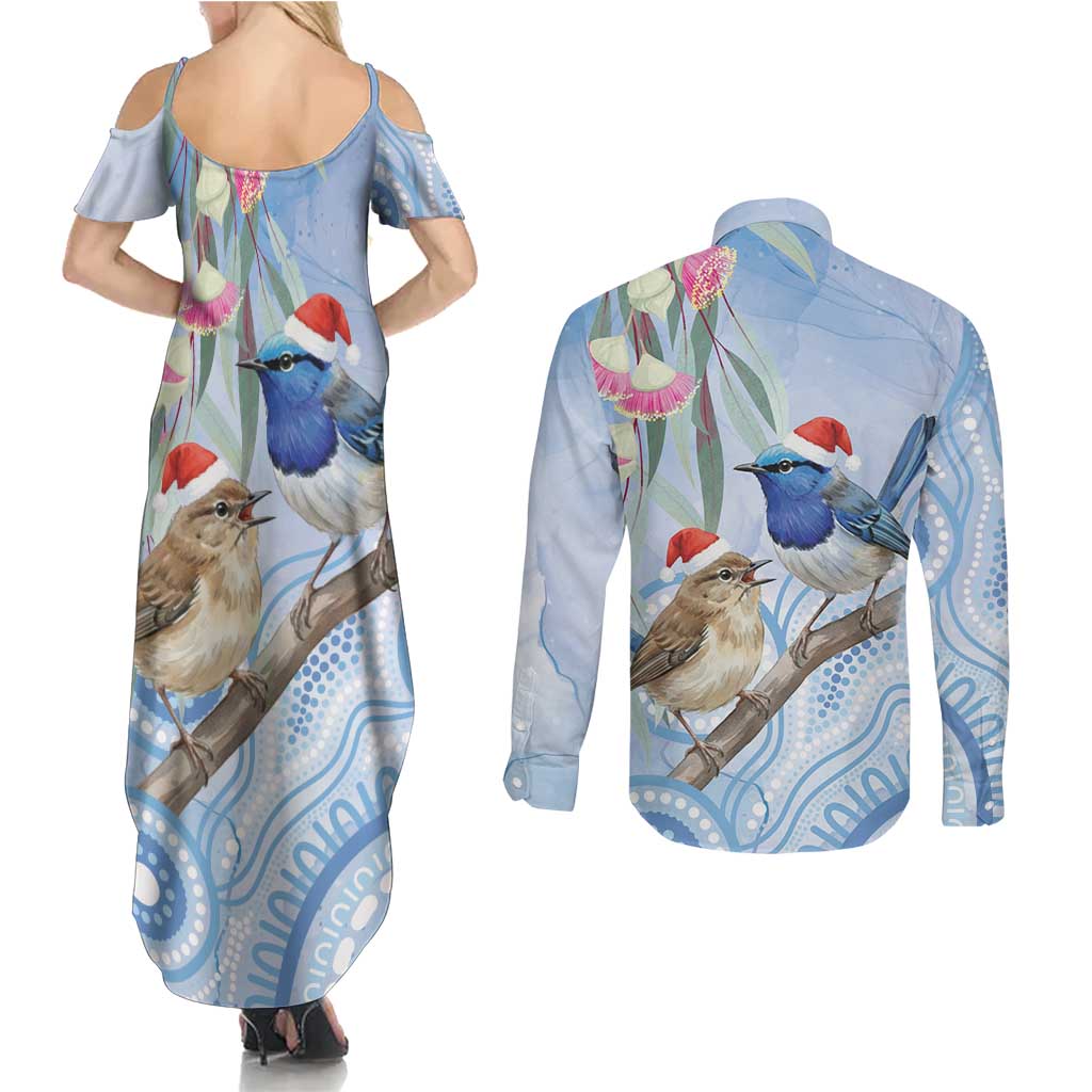 Australia Superb Fairywren Christmas Couples Matching Summer Maxi Dress and Long Sleeve Button Shirt Aboriginal Eucalyptus Blossoms Watercolor - Aussie Hoodie