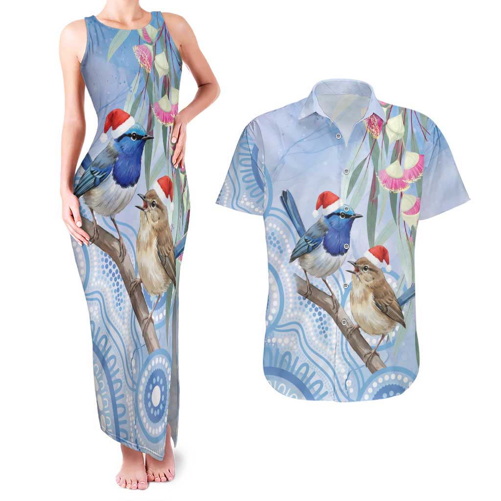 Australia Superb Fairywren Christmas Couples Matching Tank Maxi Dress and Hawaiian Shirt Aboriginal Eucalyptus Blossoms Watercolor - Aussie Hoodie
