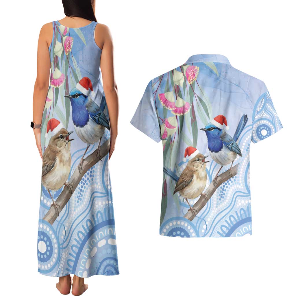 Australia Superb Fairywren Christmas Couples Matching Tank Maxi Dress and Hawaiian Shirt Aboriginal Eucalyptus Blossoms Watercolor - Aussie Hoodie