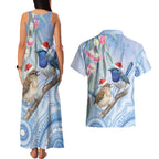 Australia Superb Fairywren Christmas Couples Matching Tank Maxi Dress and Hawaiian Shirt Aboriginal Eucalyptus Blossoms Watercolor - Aussie Hoodie