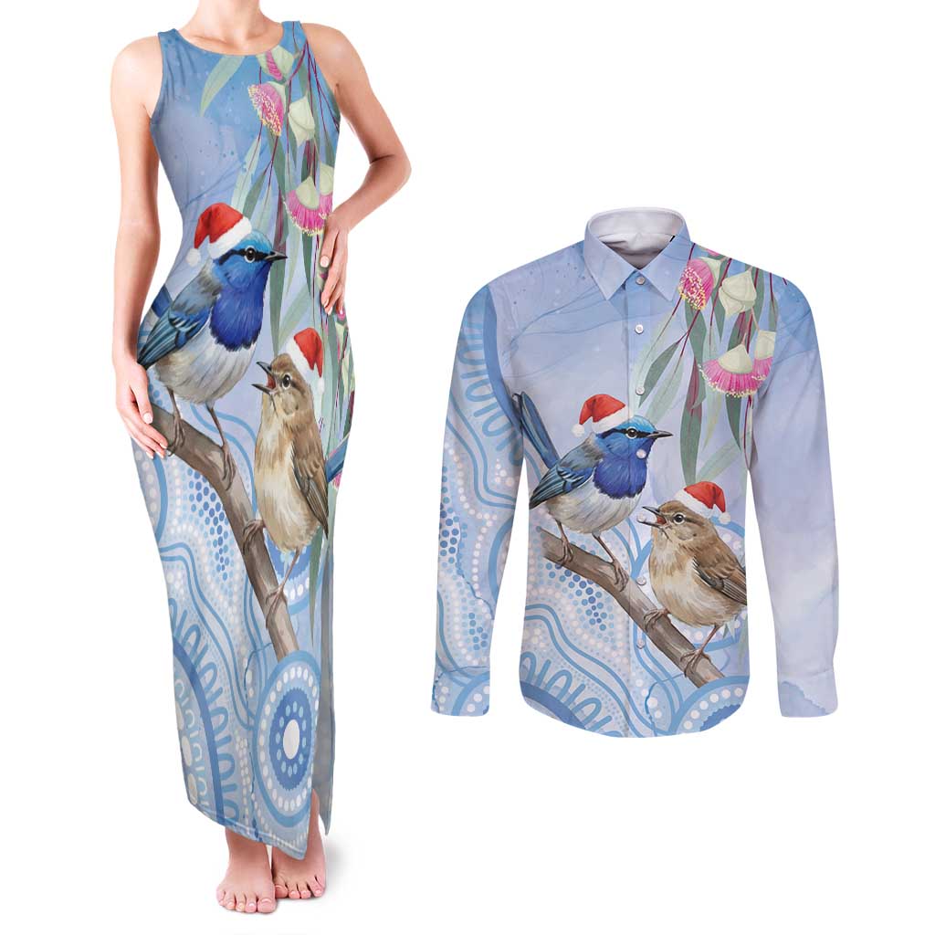 Australia Superb Fairywren Christmas Couples Matching Tank Maxi Dress and Long Sleeve Button Shirt Aboriginal Eucalyptus Blossoms Watercolor - Aussie Hoodie