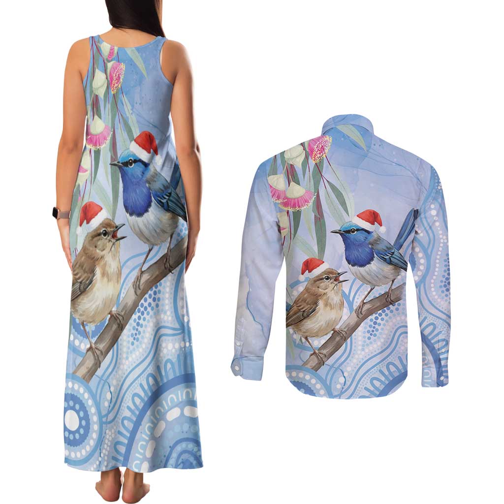 Australia Superb Fairywren Christmas Couples Matching Tank Maxi Dress and Long Sleeve Button Shirt Aboriginal Eucalyptus Blossoms Watercolor - Aussie Hoodie