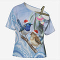 Australia Superb Fairywren Christmas Cross Shoulder Shirt Aboriginal Eucalyptus Blossoms Watercolor - Aussie Hoodie