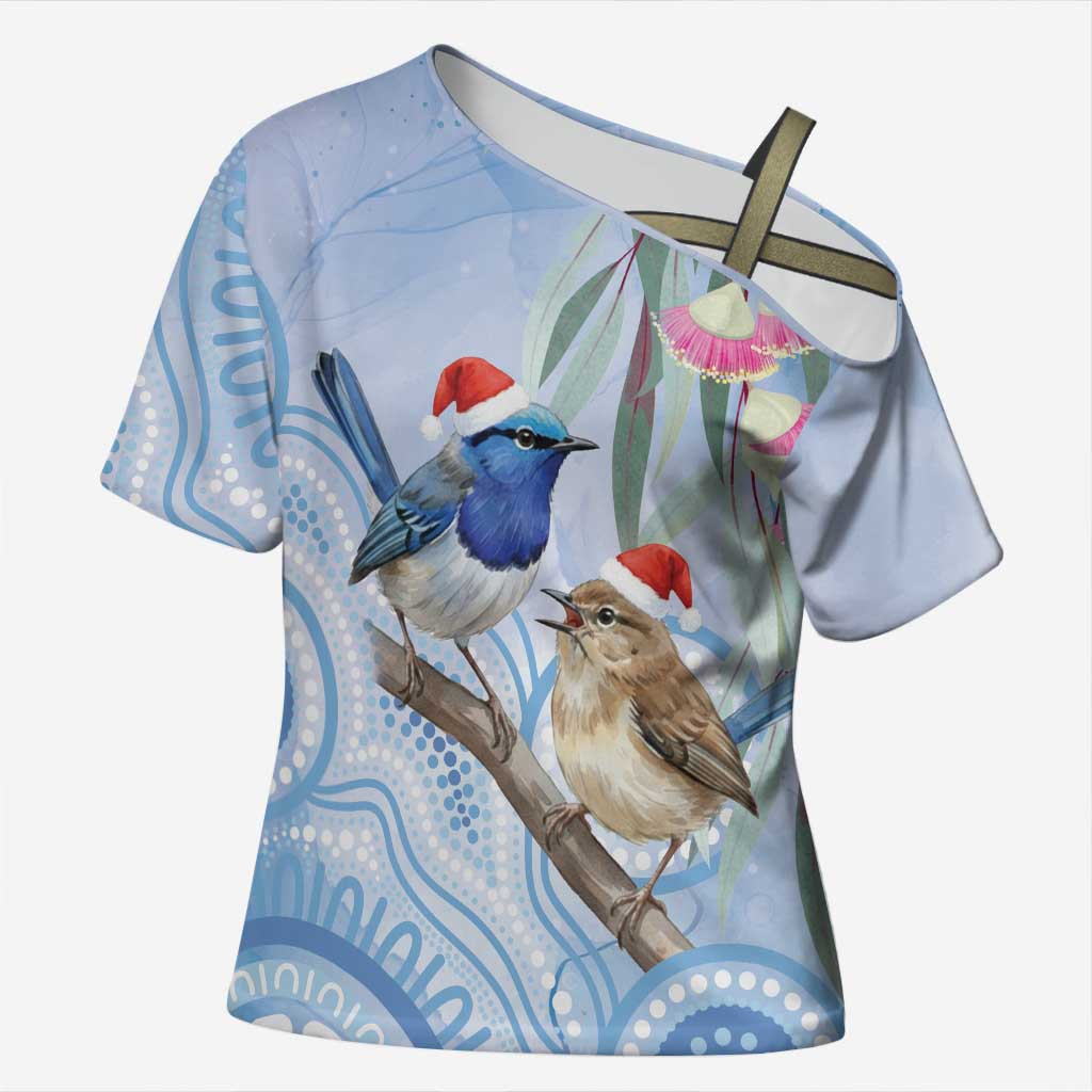 Australia Superb Fairywren Christmas Cross Shoulder Shirt Aboriginal Eucalyptus Blossoms Watercolor - Aussie Hoodie