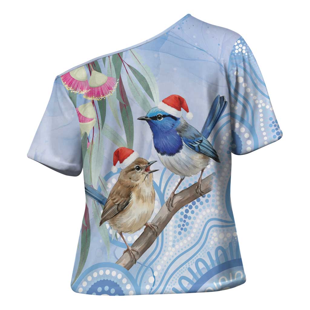 Australia Superb Fairywren Christmas Cross Shoulder Shirt Aboriginal Eucalyptus Blossoms Watercolor - Aussie Hoodie