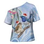 Australia Superb Fairywren Christmas Cross Shoulder Shirt Aboriginal Eucalyptus Blossoms Watercolor - Aussie Hoodie