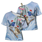 Australia Superb Fairywren Christmas Cross Shoulder Shirt Aboriginal Eucalyptus Blossoms Watercolor - Aussie Hoodie