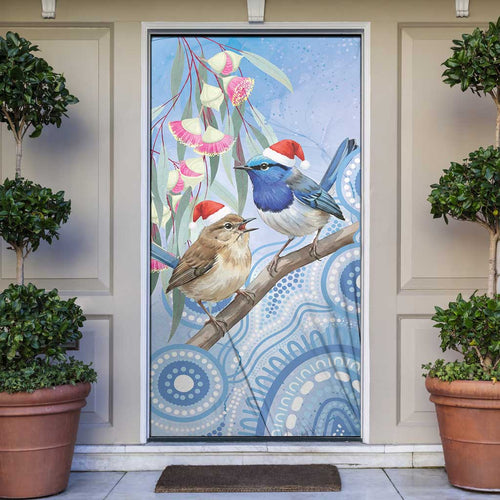 Australia Superb Fairywren Christmas Door Cover Aboriginal Eucalyptus Blossoms Watercolor - Aussie Hoodie