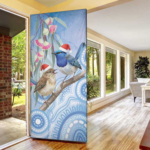 Australia Superb Fairywren Christmas Door Cover Aboriginal Eucalyptus Blossoms Watercolor - Aussie Hoodie