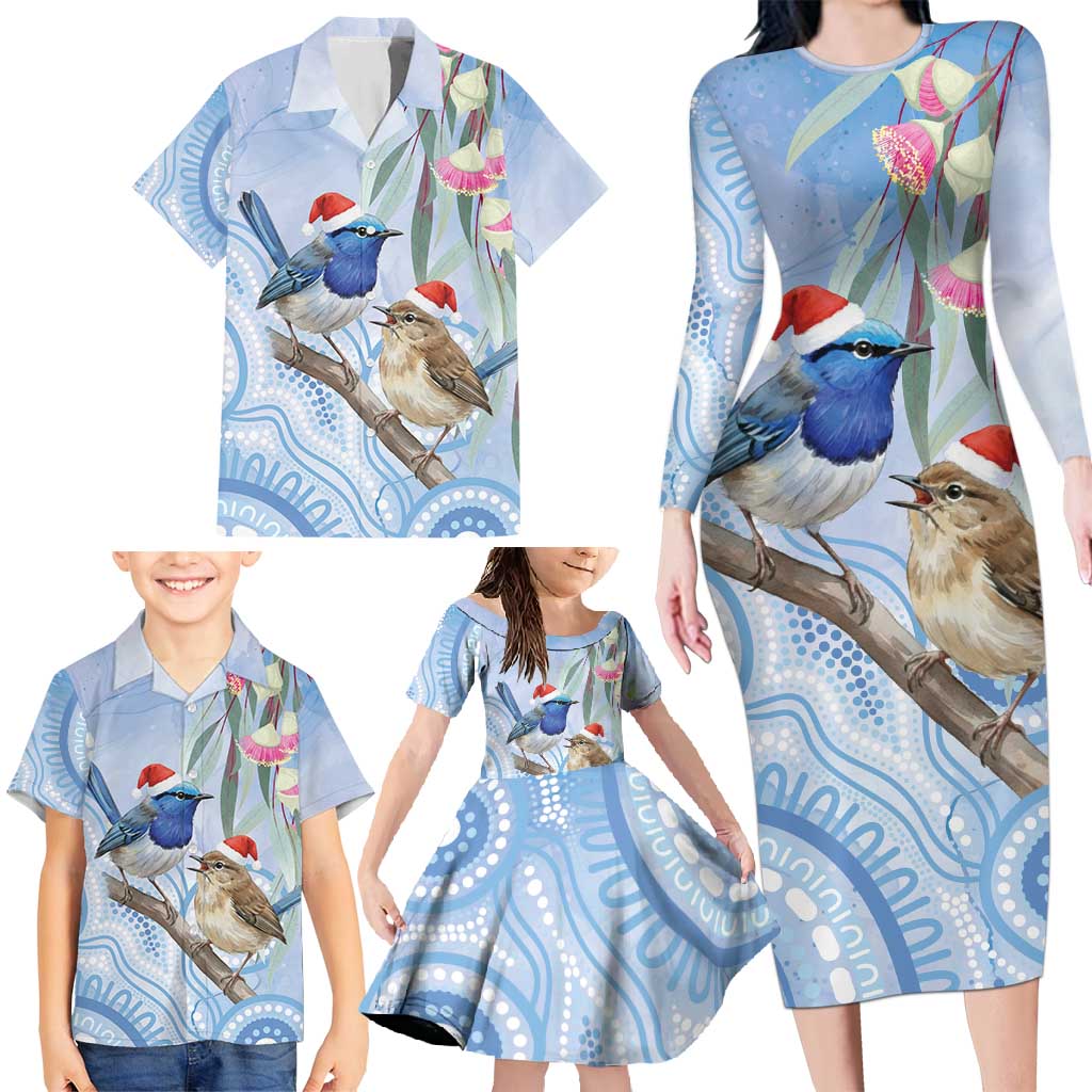 Australia Superb Fairywren Christmas Family Matching Long Sleeve Bodycon Dress and Hawaiian Shirt Aboriginal Eucalyptus Blossoms Watercolor - Aussie Hoodie