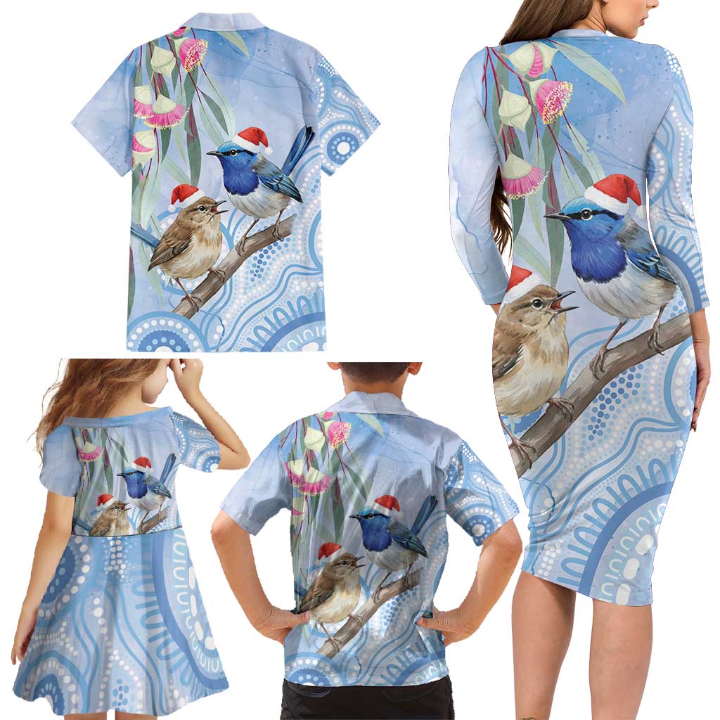 Australia Superb Fairywren Christmas Family Matching Long Sleeve Bodycon Dress and Hawaiian Shirt Aboriginal Eucalyptus Blossoms Watercolor - Aussie Hoodie