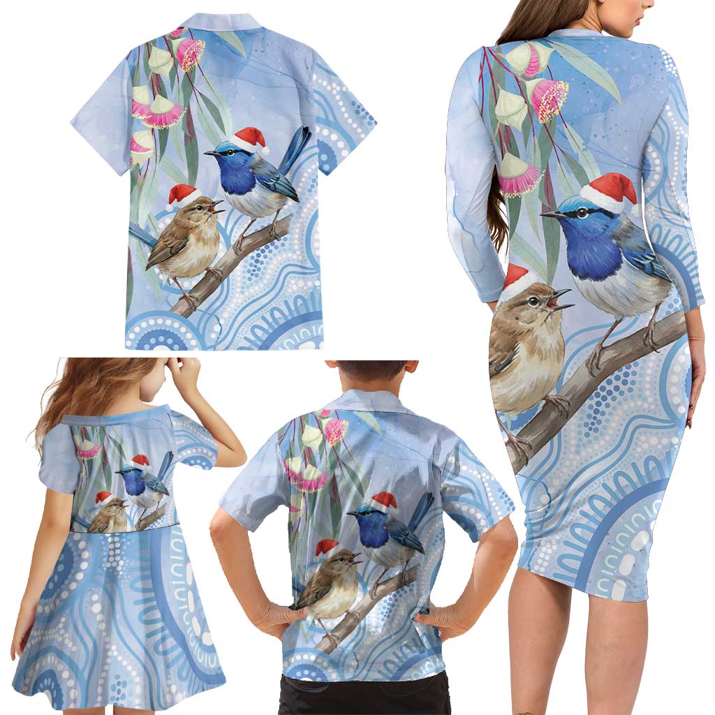 Australia Superb Fairywren Christmas Family Matching Long Sleeve Bodycon Dress and Hawaiian Shirt Aboriginal Eucalyptus Blossoms Watercolor - Aussie Hoodie