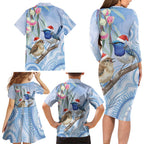 Australia Superb Fairywren Christmas Family Matching Long Sleeve Bodycon Dress and Hawaiian Shirt Aboriginal Eucalyptus Blossoms Watercolor - Aussie Hoodie