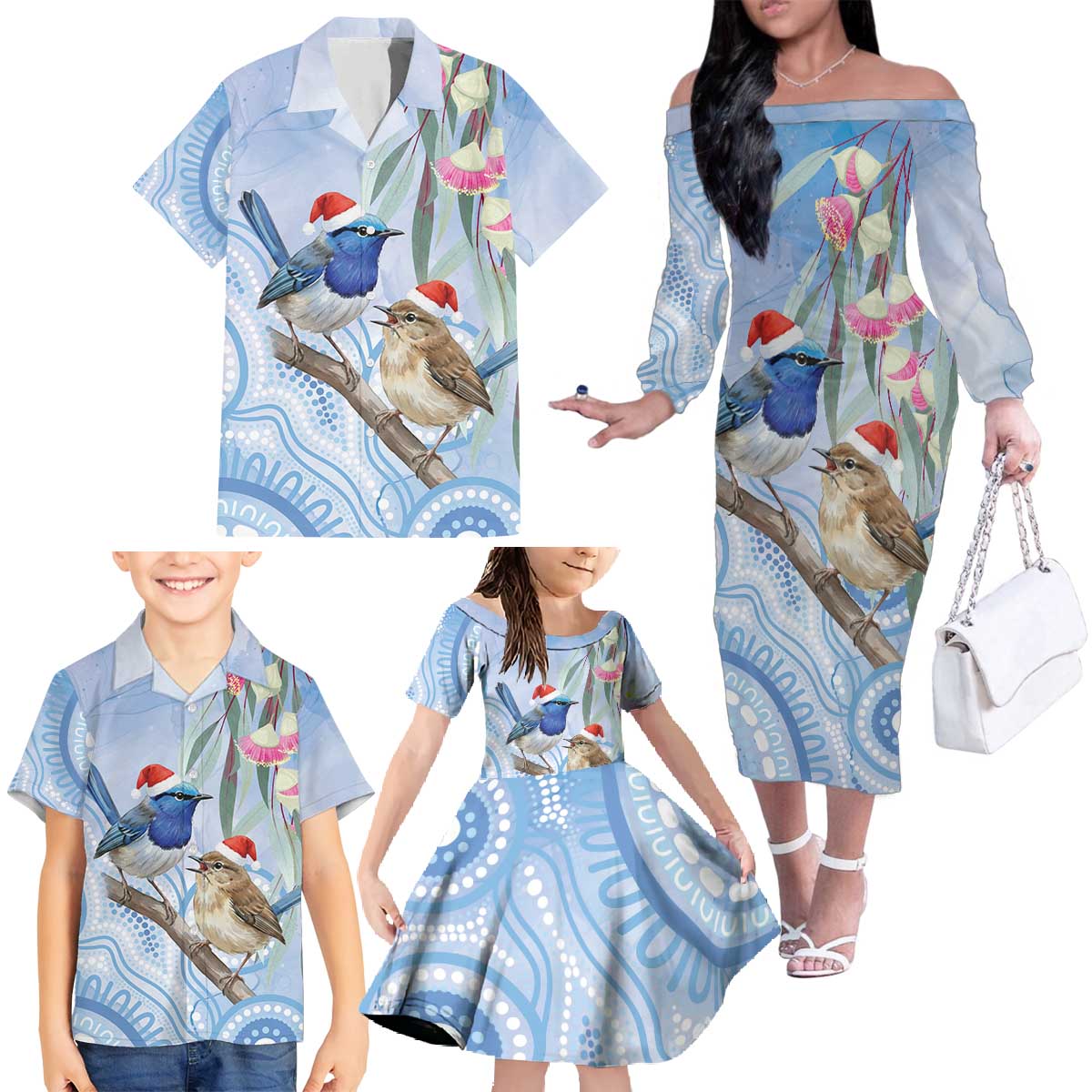 Australia Superb Fairywren Christmas Family Matching Off The Shoulder Long Sleeve Dress and Hawaiian Shirt Aboriginal Eucalyptus Blossoms Watercolor - Aussie Hoodie