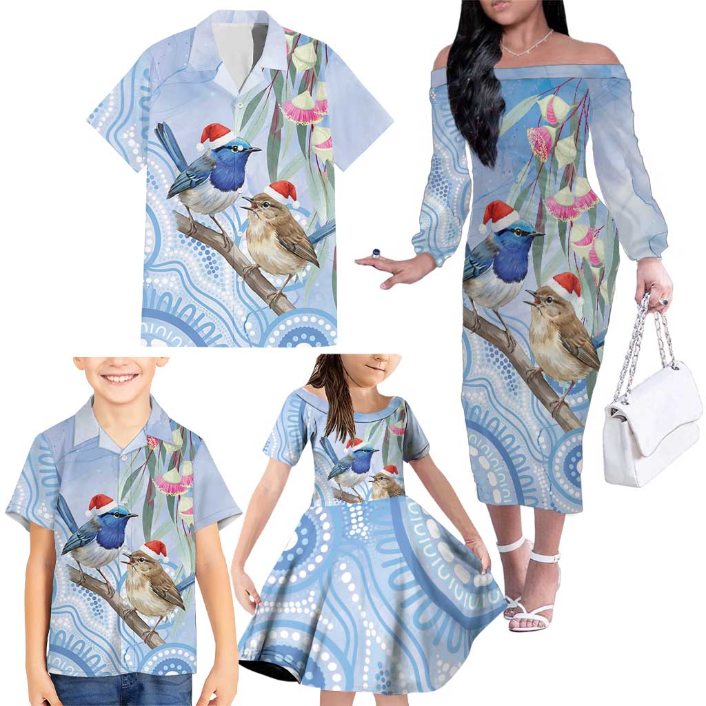 Australia Superb Fairywren Christmas Family Matching Off The Shoulder Long Sleeve Dress and Hawaiian Shirt Aboriginal Eucalyptus Blossoms Watercolor - Aussie Hoodie
