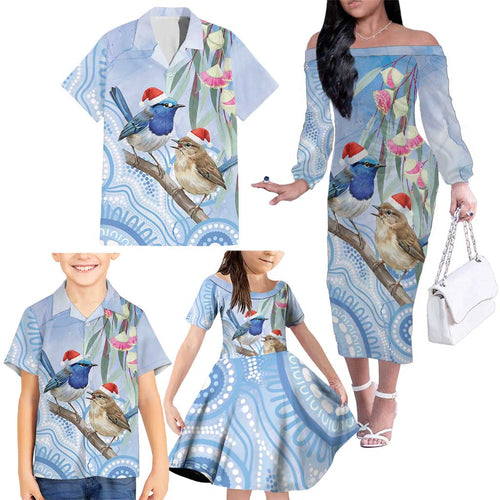 Australia Superb Fairywren Christmas Family Matching Off The Shoulder Long Sleeve Dress and Hawaiian Shirt Aboriginal Eucalyptus Blossoms Watercolor - Aussie Hoodie