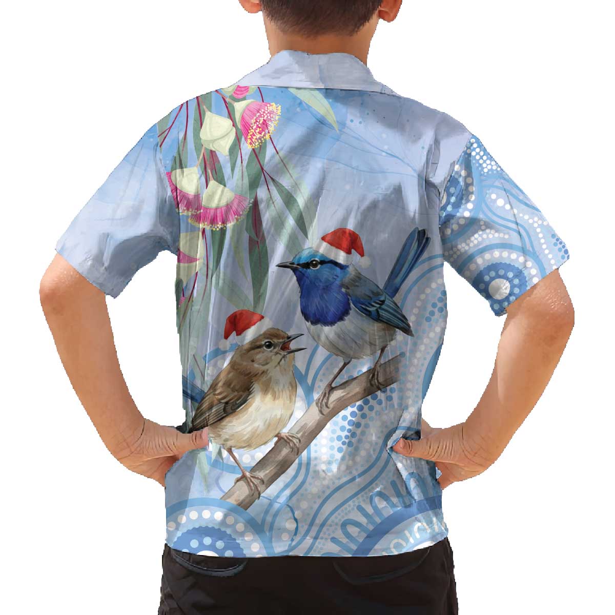 Australia Superb Fairywren Christmas Family Matching Off The Shoulder Long Sleeve Dress and Hawaiian Shirt Aboriginal Eucalyptus Blossoms Watercolor - Aussie Hoodie