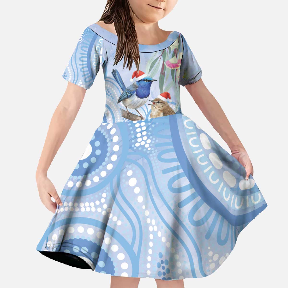 Australia Superb Fairywren Christmas Family Matching Off The Shoulder Long Sleeve Dress and Hawaiian Shirt Aboriginal Eucalyptus Blossoms Watercolor - Aussie Hoodie