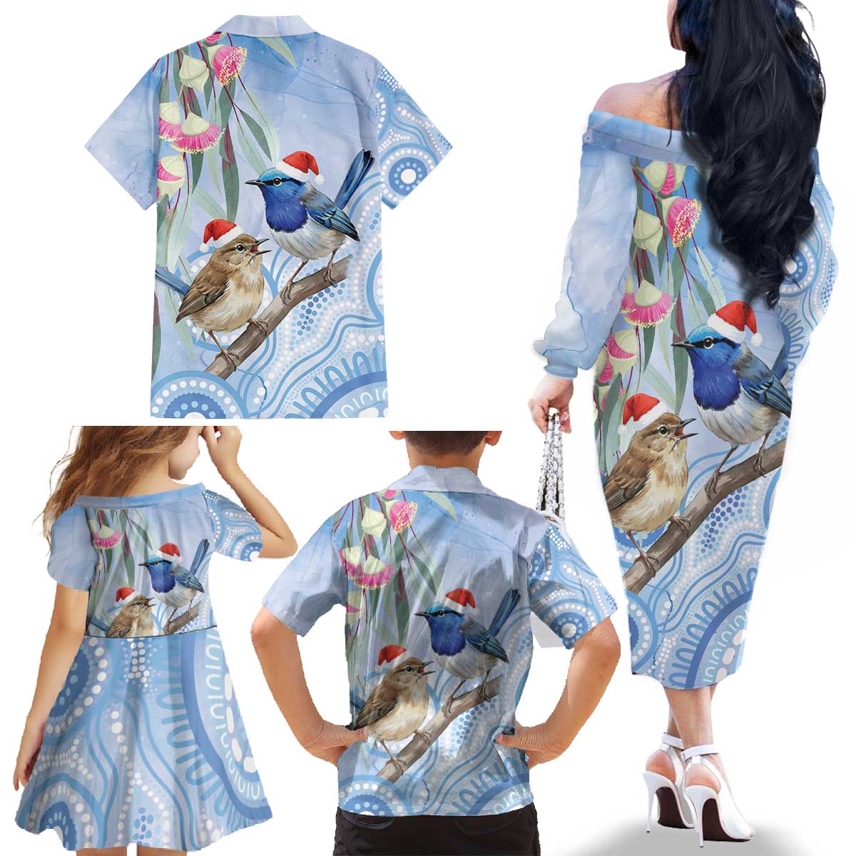 Australia Superb Fairywren Christmas Family Matching Off The Shoulder Long Sleeve Dress and Hawaiian Shirt Aboriginal Eucalyptus Blossoms Watercolor - Aussie Hoodie