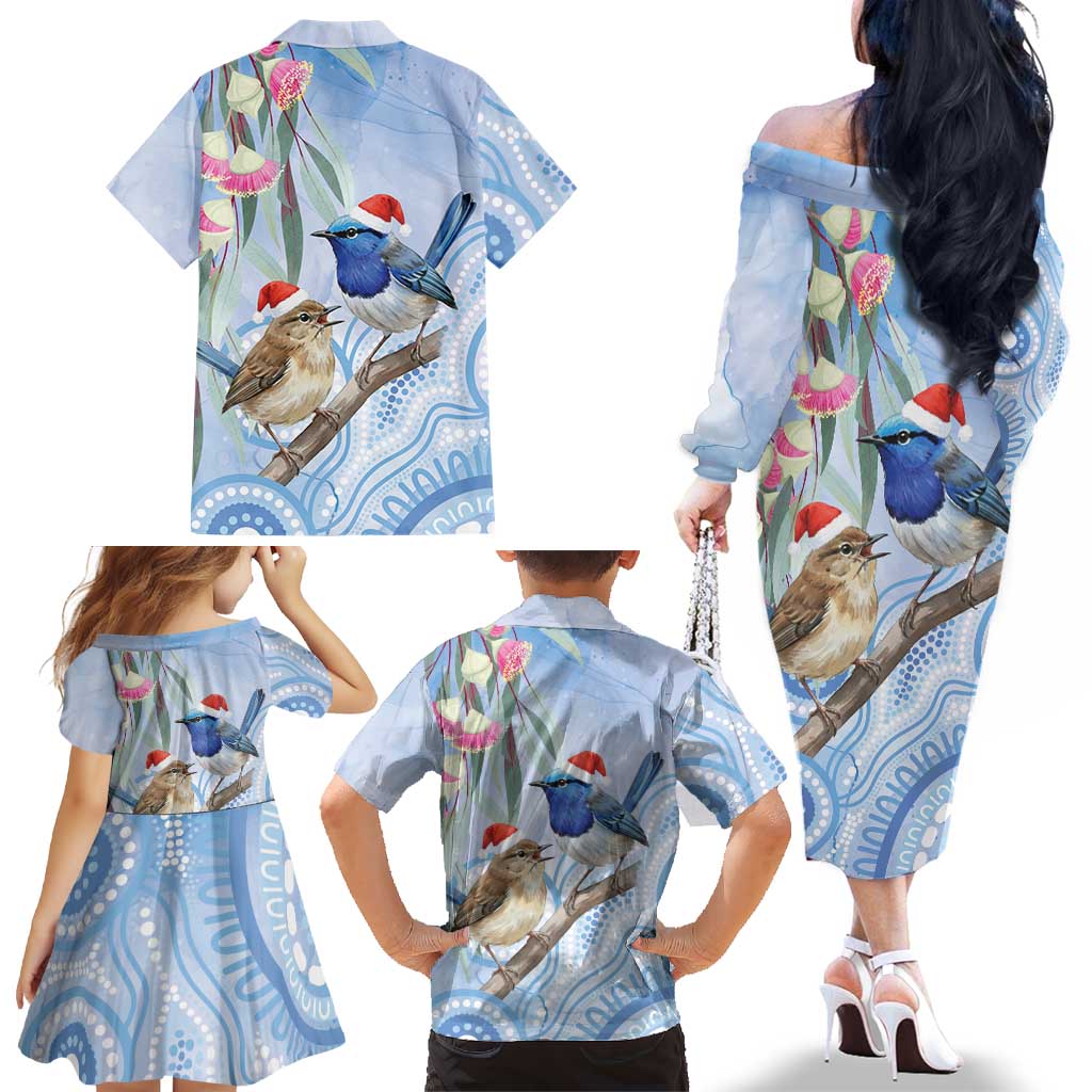 Australia Superb Fairywren Christmas Family Matching Off The Shoulder Long Sleeve Dress and Hawaiian Shirt Aboriginal Eucalyptus Blossoms Watercolor - Aussie Hoodie