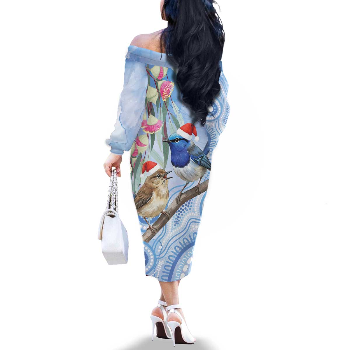 Australia Superb Fairywren Christmas Family Matching Off The Shoulder Long Sleeve Dress and Hawaiian Shirt Aboriginal Eucalyptus Blossoms Watercolor - Aussie Hoodie