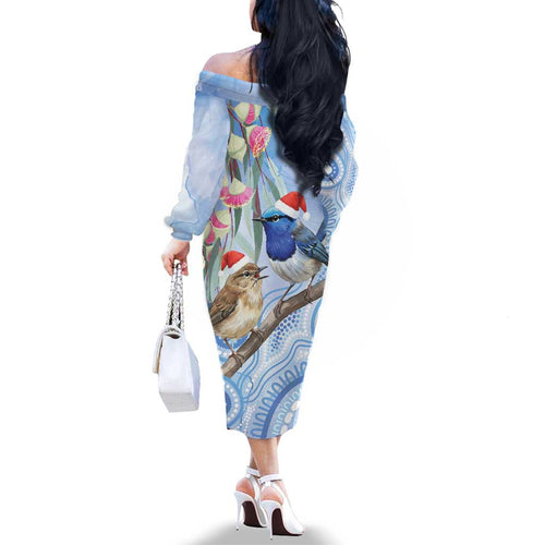 Australia Superb Fairywren Christmas Family Matching Off The Shoulder Long Sleeve Dress and Hawaiian Shirt Aboriginal Eucalyptus Blossoms Watercolor - Aussie Hoodie