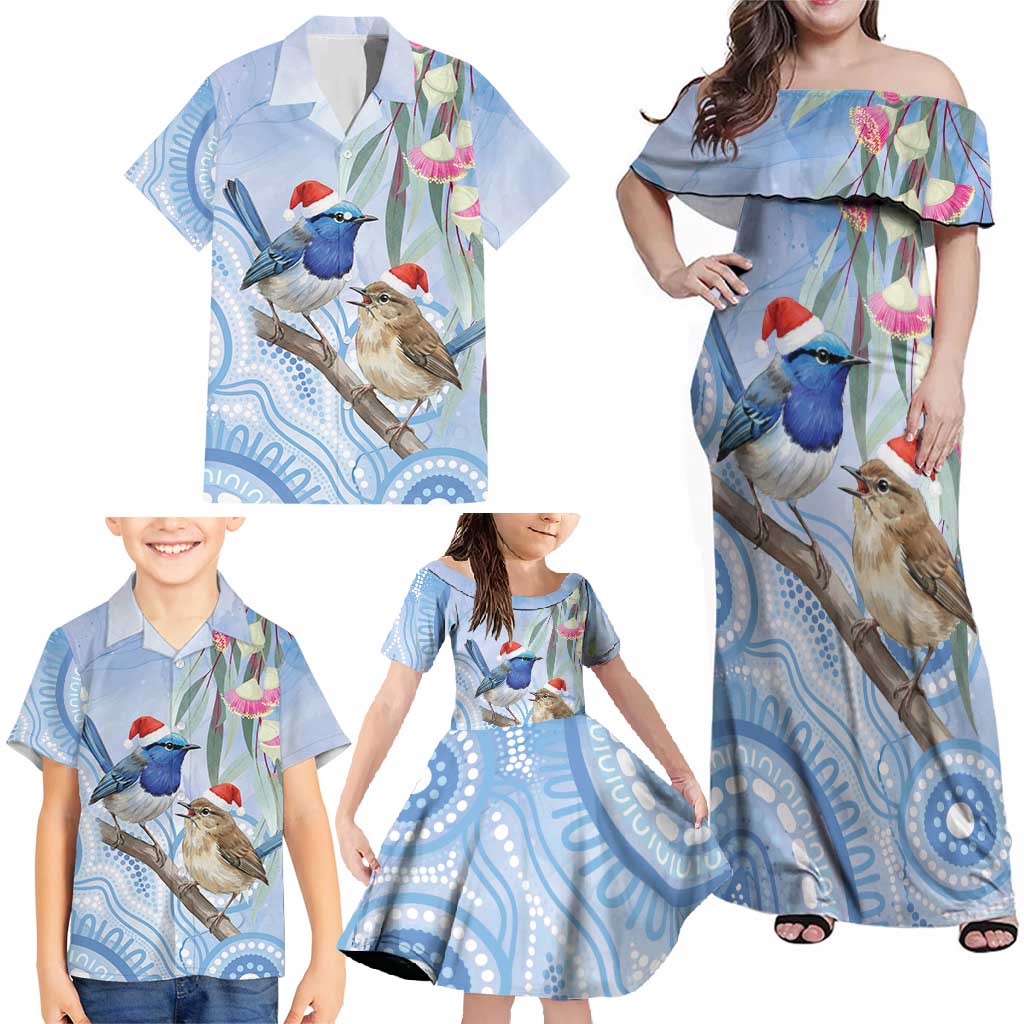 Australia Superb Fairywren Christmas Family Matching Off Shoulder Maxi Dress and Hawaiian Shirt Aboriginal Eucalyptus Blossoms Watercolor - Aussie Hoodie
