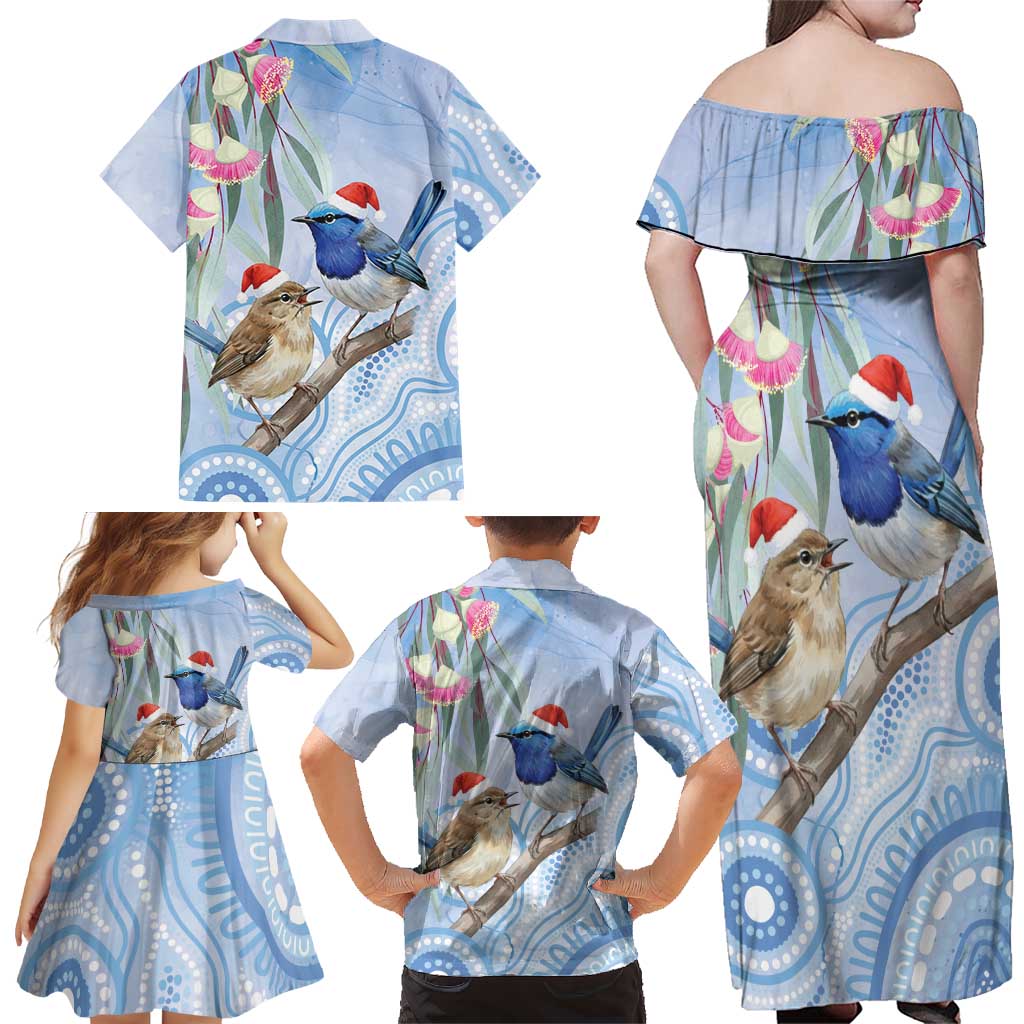 Australia Superb Fairywren Christmas Family Matching Off Shoulder Maxi Dress and Hawaiian Shirt Aboriginal Eucalyptus Blossoms Watercolor - Aussie Hoodie