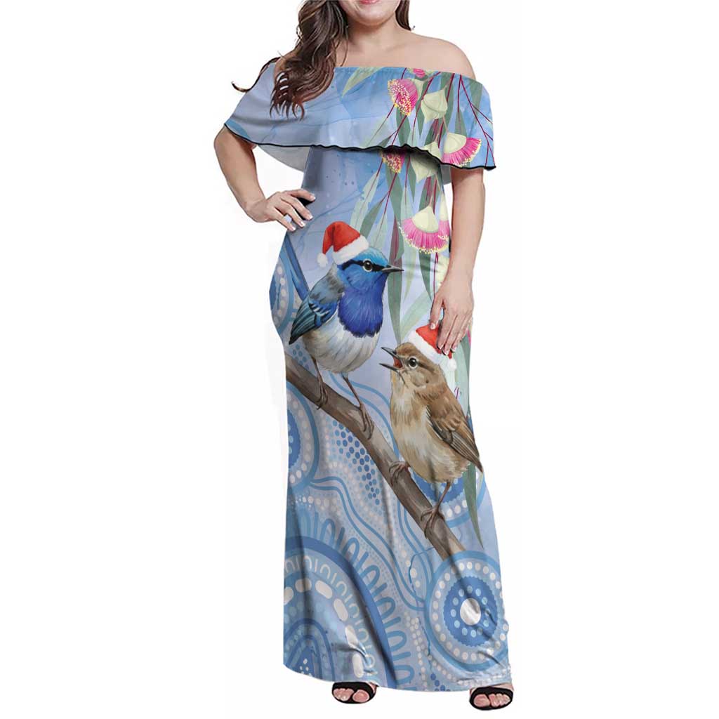 Australia Superb Fairywren Christmas Family Matching Off Shoulder Maxi Dress and Hawaiian Shirt Aboriginal Eucalyptus Blossoms Watercolor - Aussie Hoodie