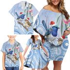 Australia Superb Fairywren Christmas Family Matching Off Shoulder Short Dress and Hawaiian Shirt Aboriginal Eucalyptus Blossoms Watercolor - Aussie Hoodie