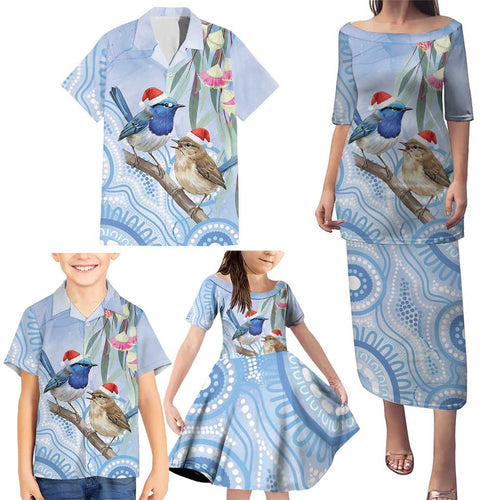 Australia Superb Fairywren Christmas Family Matching Puletasi and Hawaiian Shirt Aboriginal Eucalyptus Blossoms Watercolor - Aussie Hoodie