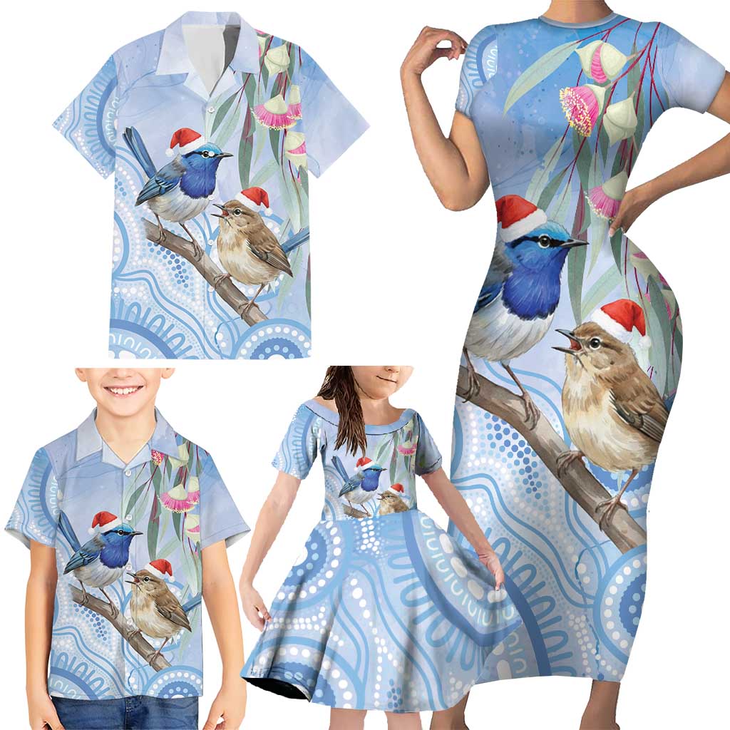 Australia Superb Fairywren Christmas Family Matching Short Sleeve Bodycon Dress and Hawaiian Shirt Aboriginal Eucalyptus Blossoms Watercolor - Aussie Hoodie