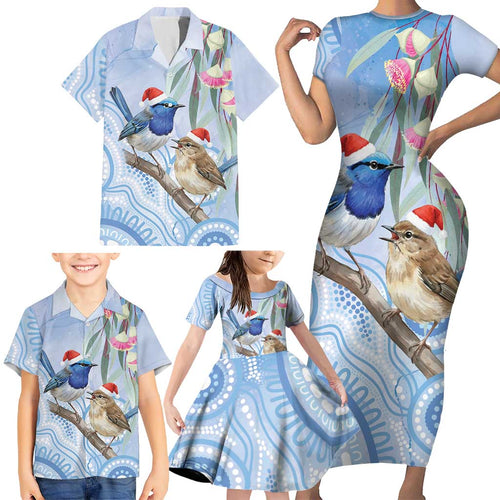Australia Superb Fairywren Christmas Family Matching Short Sleeve Bodycon Dress and Hawaiian Shirt Aboriginal Eucalyptus Blossoms Watercolor - Aussie Hoodie