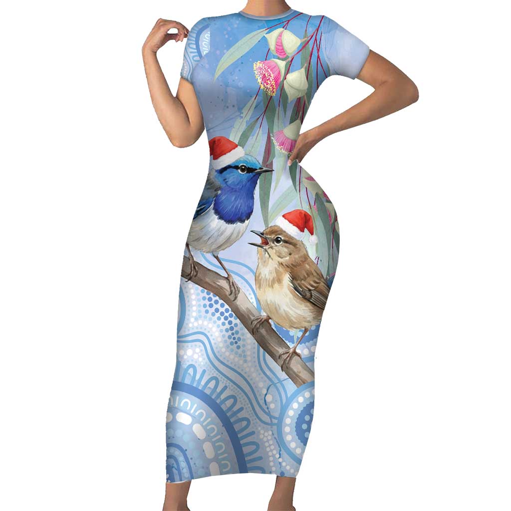 Australia Superb Fairywren Christmas Family Matching Short Sleeve Bodycon Dress and Hawaiian Shirt Aboriginal Eucalyptus Blossoms Watercolor - Aussie Hoodie