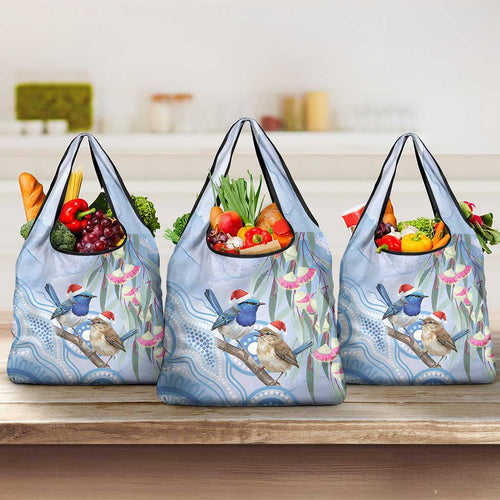 Australia Superb Fairywren Christmas Grocery Bag Aboriginal Eucalyptus Blossoms Watercolor - Aussie Hoodie