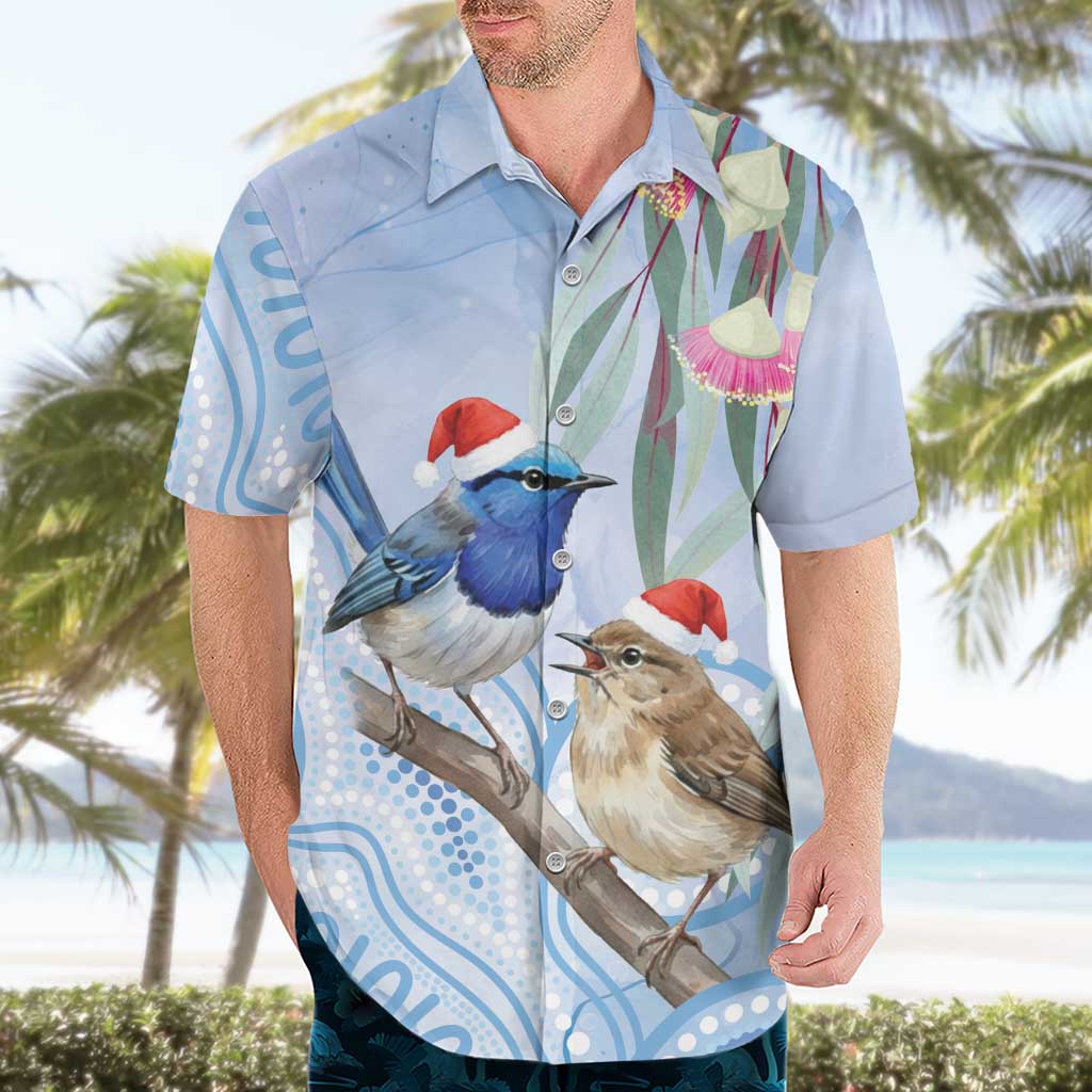 Australia Superb Fairywren Christmas Hawaiian Shirt Aboriginal Eucalyptus Blossoms Watercolor - Aussie Hoodie