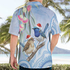 Australia Superb Fairywren Christmas Hawaiian Shirt Aboriginal Eucalyptus Blossoms Watercolor - Aussie Hoodie