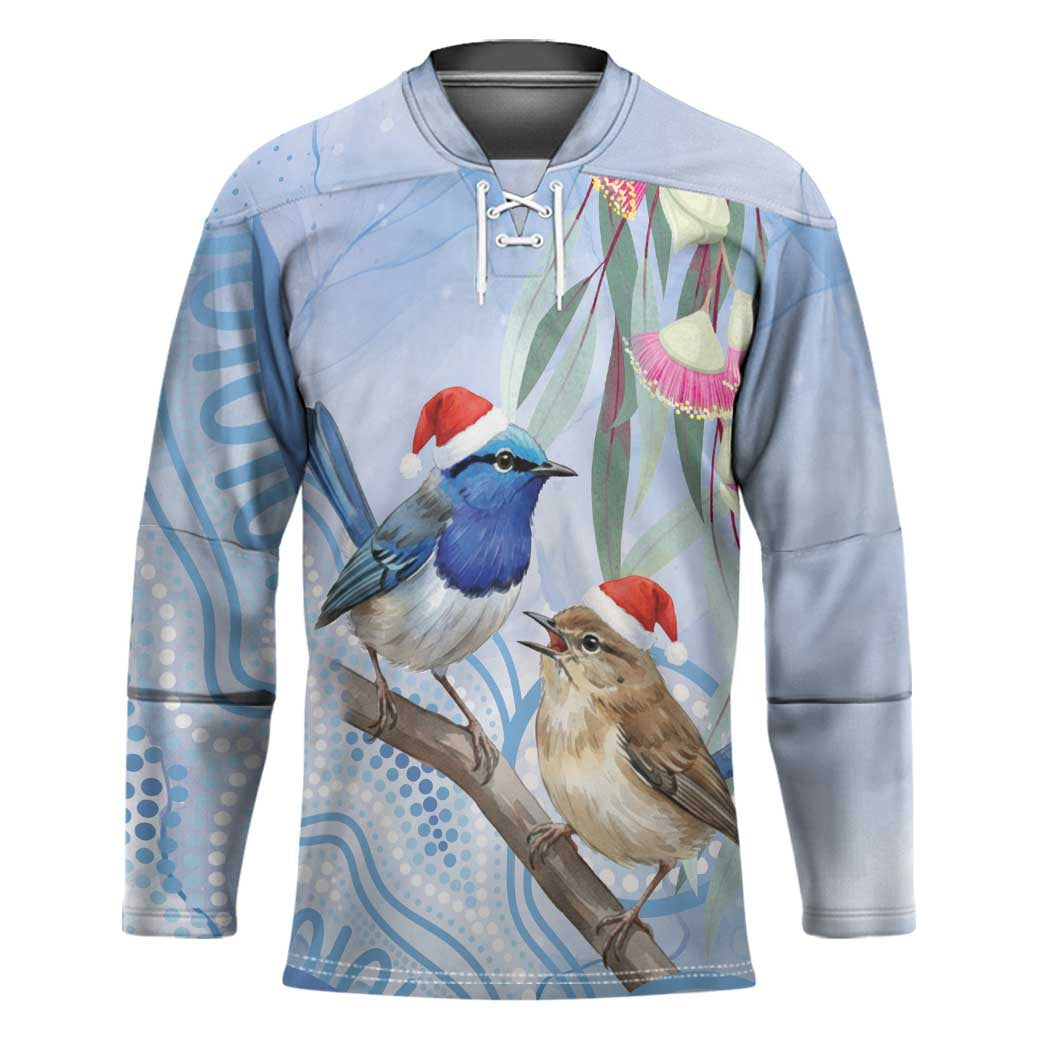 Australia Superb Fairywren Christmas Hockey Jersey Aboriginal Eucalyptus Blossoms Watercolor - Aussie Hoodie