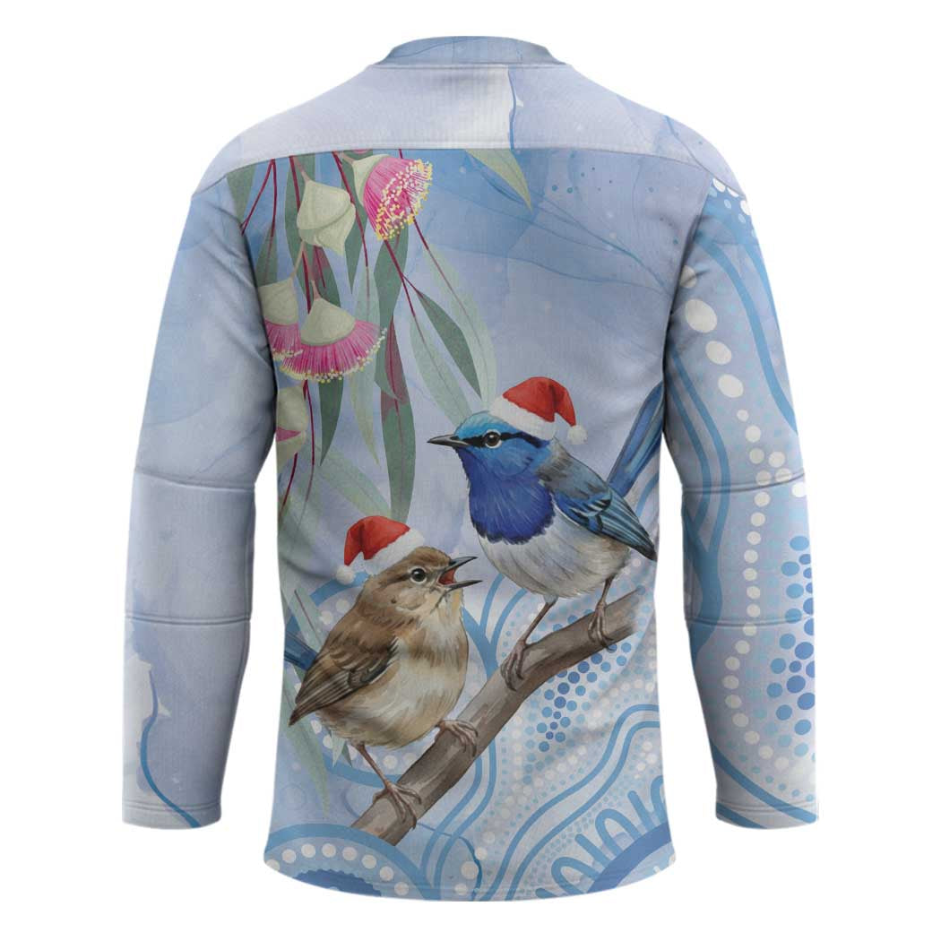 Australia Superb Fairywren Christmas Hockey Jersey Aboriginal Eucalyptus Blossoms Watercolor - Aussie Hoodie