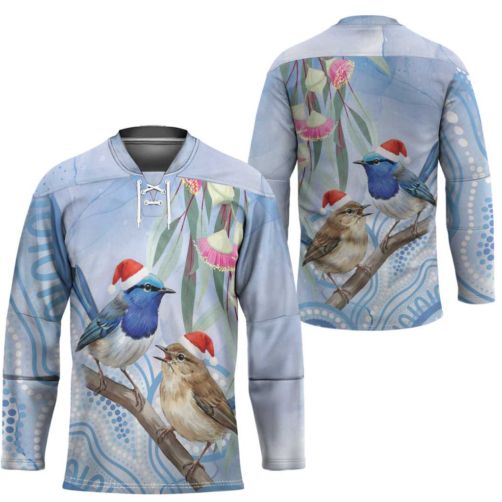 Australia Superb Fairywren Christmas Hockey Jersey Aboriginal Eucalyptus Blossoms Watercolor - Aussie Hoodie