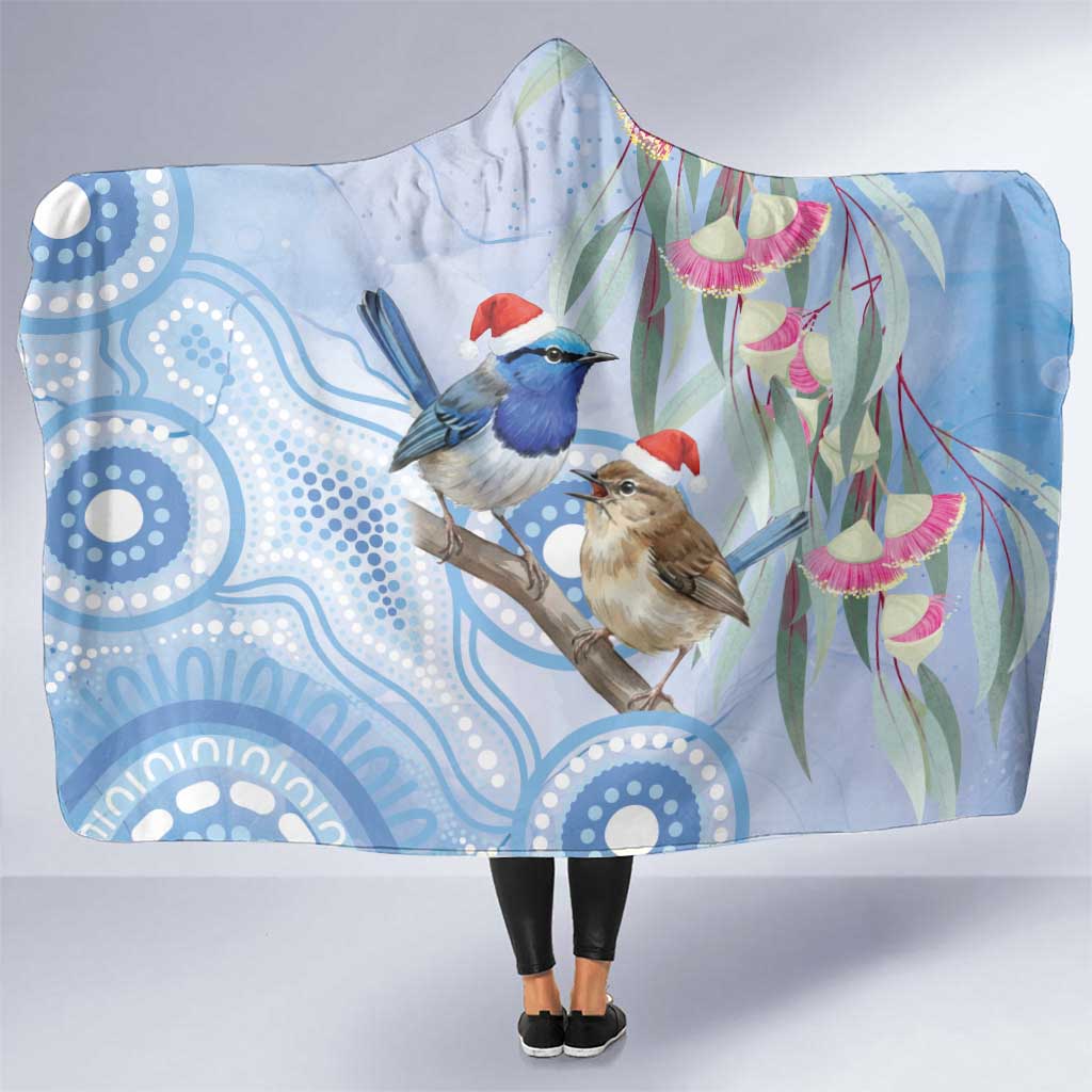 Australia Superb Fairywren Christmas Hooded Blanket Aboriginal Eucalyptus Blossoms Watercolor - Aussie Hoodie