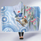Australia Superb Fairywren Christmas Hooded Blanket Aboriginal Eucalyptus Blossoms Watercolor - Aussie Hoodie