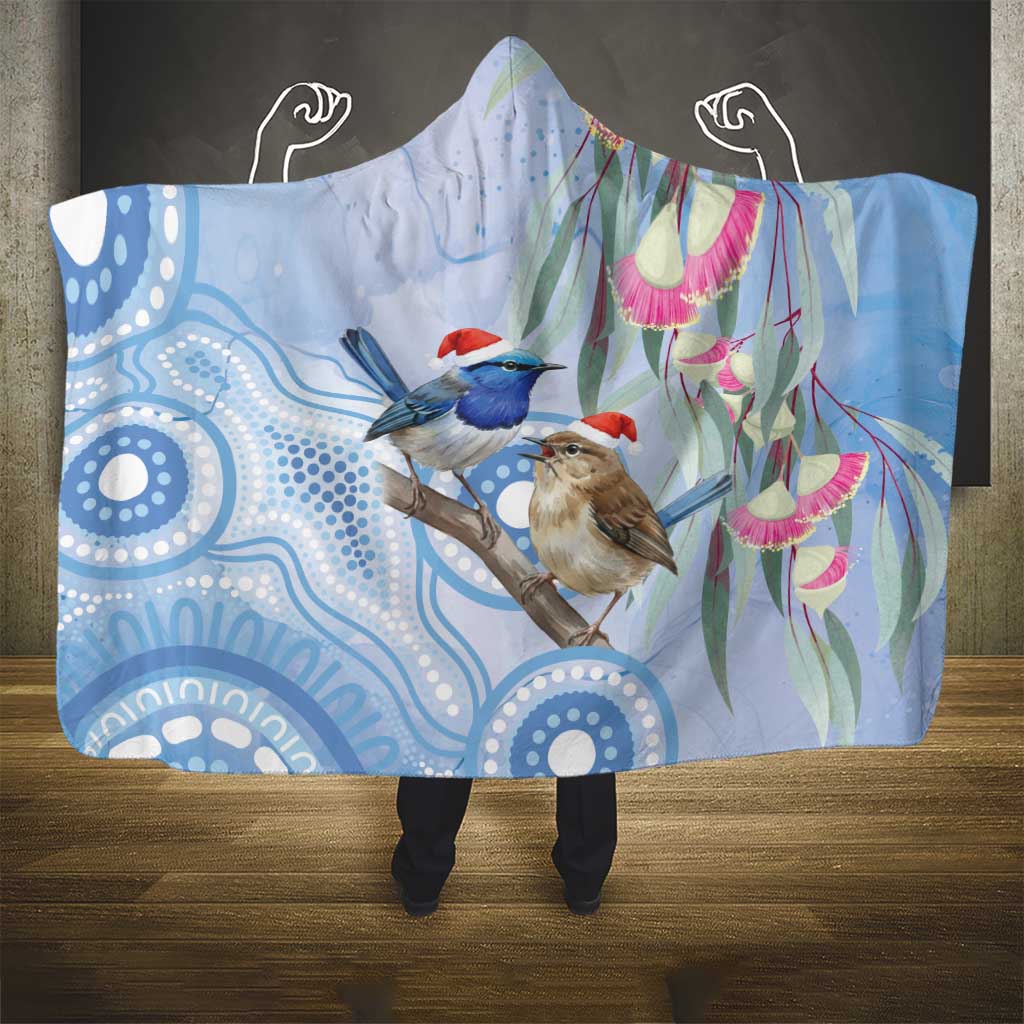 Australia Superb Fairywren Christmas Hooded Blanket Aboriginal Eucalyptus Blossoms Watercolor - Aussie Hoodie