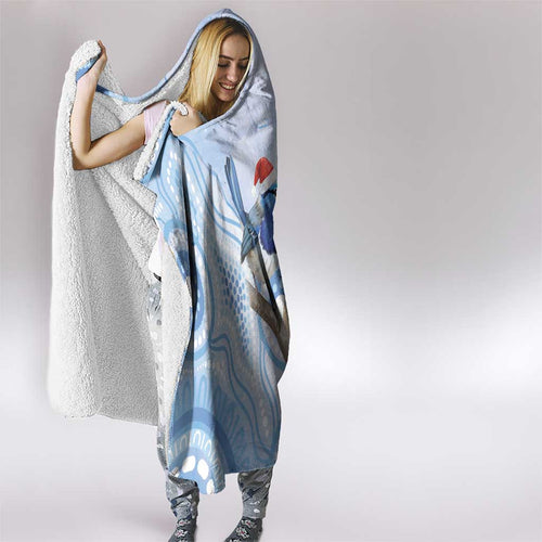 Australia Superb Fairywren Christmas Hooded Blanket Aboriginal Eucalyptus Blossoms Watercolor - Aussie Hoodie